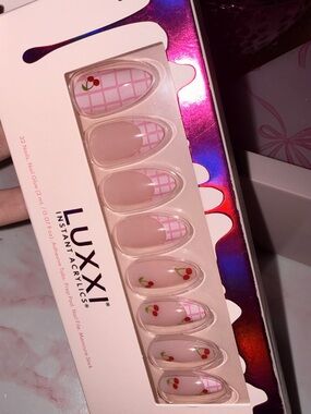 LUXXI “Cherry Picnic” Pink Cherry & Gingham Grid Press-On Nail Set